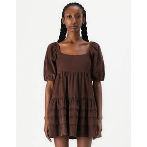 American Eagle AEO Brown Corduroy Baby Doll Tiered Mini Dress Puff Sleeves M